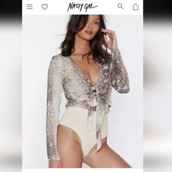 Nasty Gal Bodysuit Life Is What You Snake It Tie Front Long Sleeve New Size 4 - Picture 1 of 8